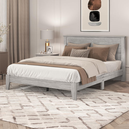 Galano Tiena Louvered Wood Platform Queen Bed Frame with Headboard, Mattress Foundation with Wood Slat Support, No Box Spring Needed, 65.75" L x 85.35" W x 40.16" H, Dusty Grey Oak