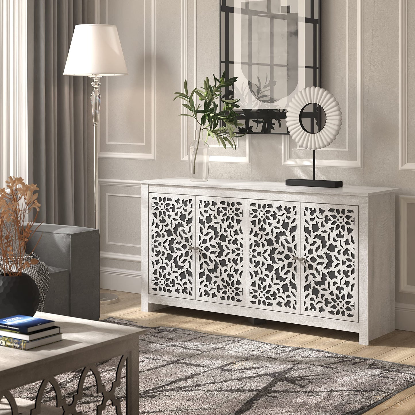 Galano Culbreath Sideboard-Buffetschrank mit 4 Türen, mit Stauraum und verstellbaren Regalen, Aufbewahrungsschrank für Küche, Esszimmer, Wohnzimmer, 15,67" T x 57,64" B x 30" H, staubgraue Eiche