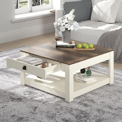 Galano Philia Square Modern Top Coffee Table with Storage Drawer, 2 Tier Center Table for Living Room, Office, Balcony, 31.5" D x 31.5" W x 16.3" H, Ivory Knotty Oak