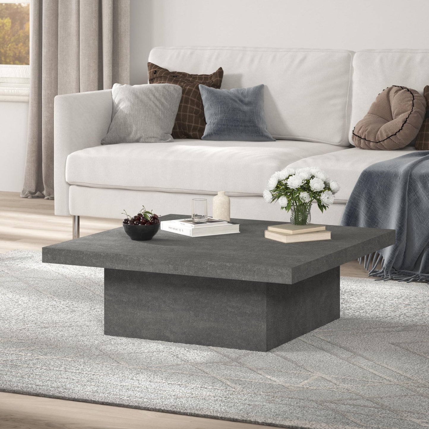 Galano Carmelo Coffee Table, Modern Industrial Top Coffee Table, Square Center Table for Living Room, Office, Balcony, 35.43" D x 35.43" W x 12.28" H, Concrete Cool Grey