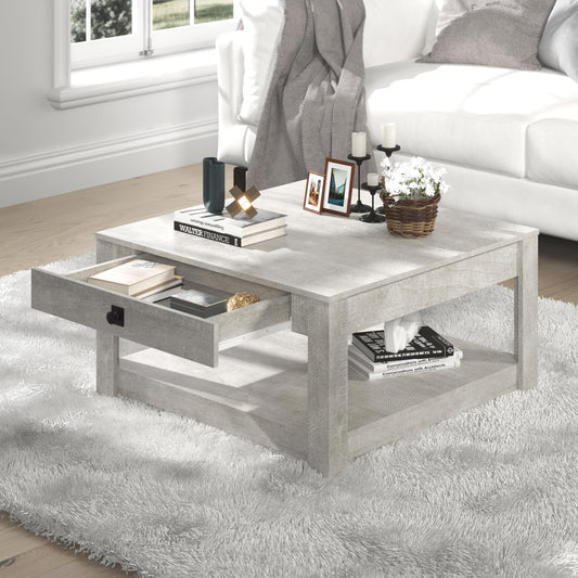 Galano Philia Square Coffee Table with Storage Drawer, 2 Tier Center Table for Living Room, Office, Balcony, 31.5" D x 31.5" W x 16.3" H, Dusty Grey Oak