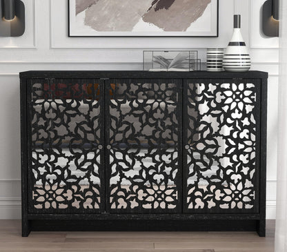 Galano Norwich 2 Door Sideboard - Moden Laser Cut Pattern with Acrylic Mirror Storage Cabinet for Living Room, Bedroom, or Kitchen (Rustic Black Oak)