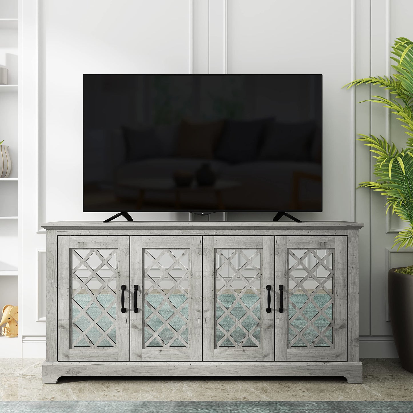 Galano Millicent 75 Inch TV Stands for Living Room with Storage, 17.1" D x 68.2" W x 29.3" H, Black Knotty Grey Oak