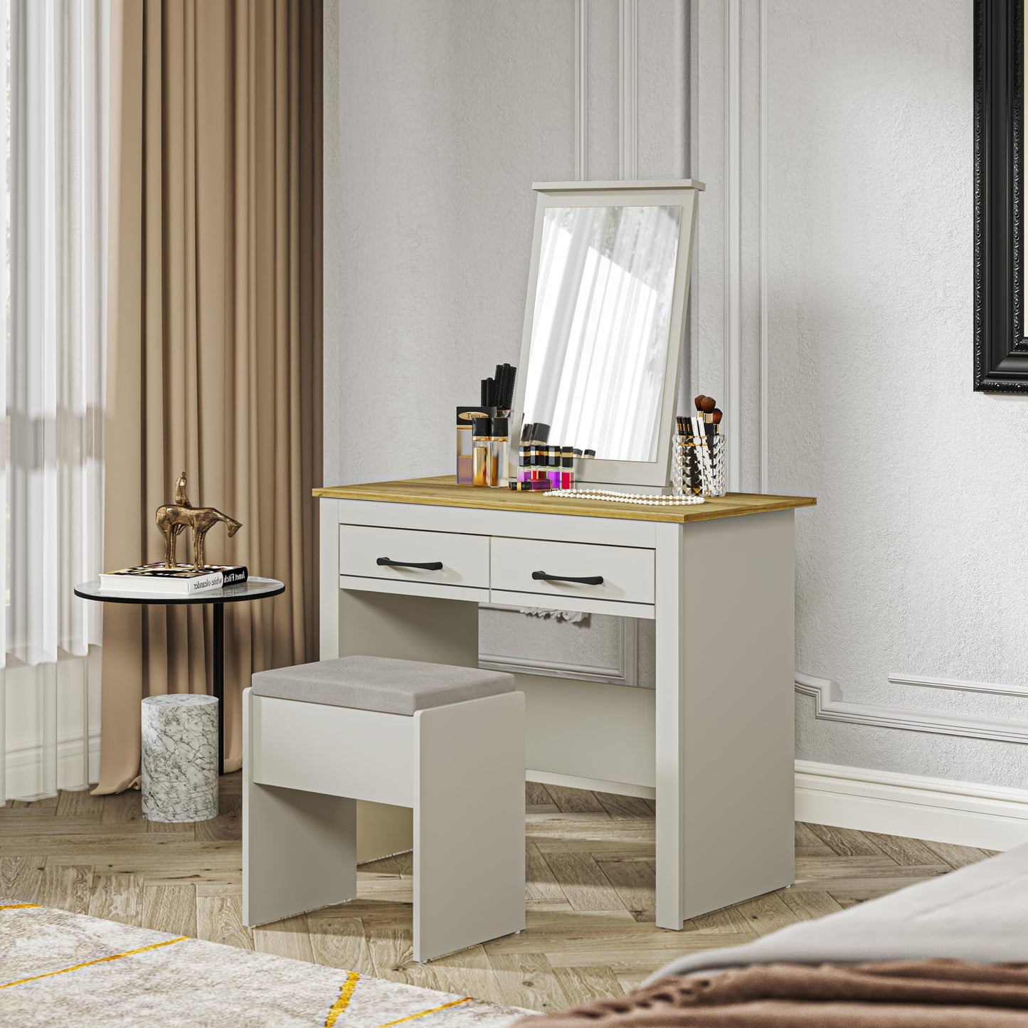 Galano Limestone Dressing Table with Mirror and Cushioned Stool - Bedroom Large Vanity Makeup Table with Drawer Storage – Console Table for Home Hallway and Living (Light Grey)