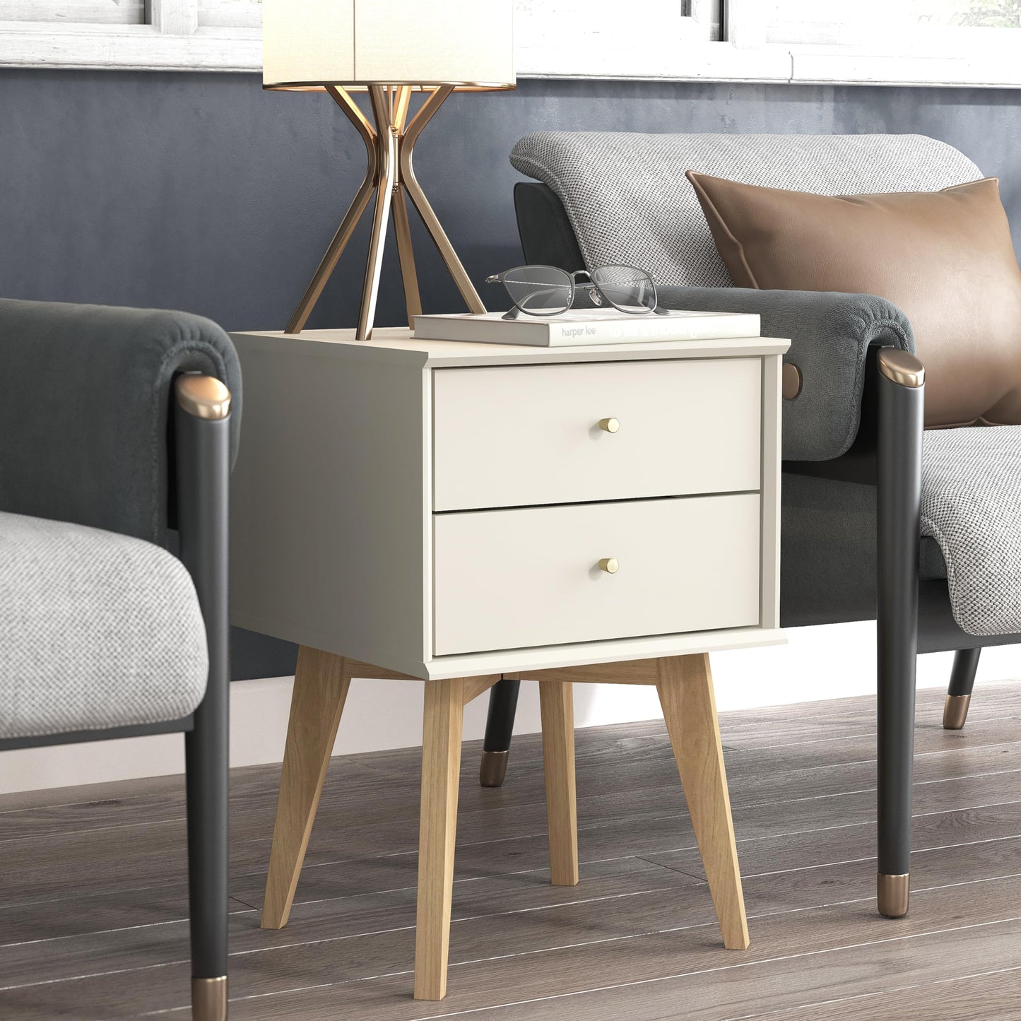 Galano Abby Bedside Table - Stylish 2 Drawer Bedside - Side Table with Storage - Storage Cabinet for Hallway - Entryway or Bedroom (Light Grey/Oak)