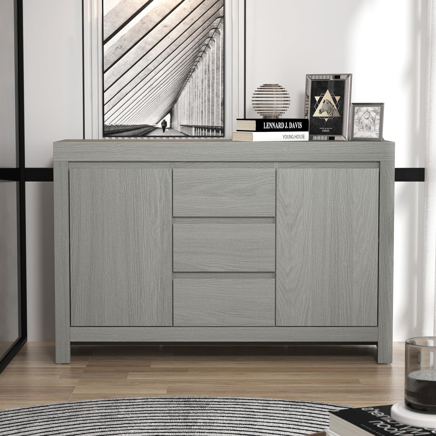 Galano Cubbot 2 Door 3 Drawer Sideboard - Storage Cabinet with 2 Doors and Drawers - Freestanding Cabinet for Living Room & Hallway - 35.3 x 116 x 76.5 cm - Dark Grey Oak