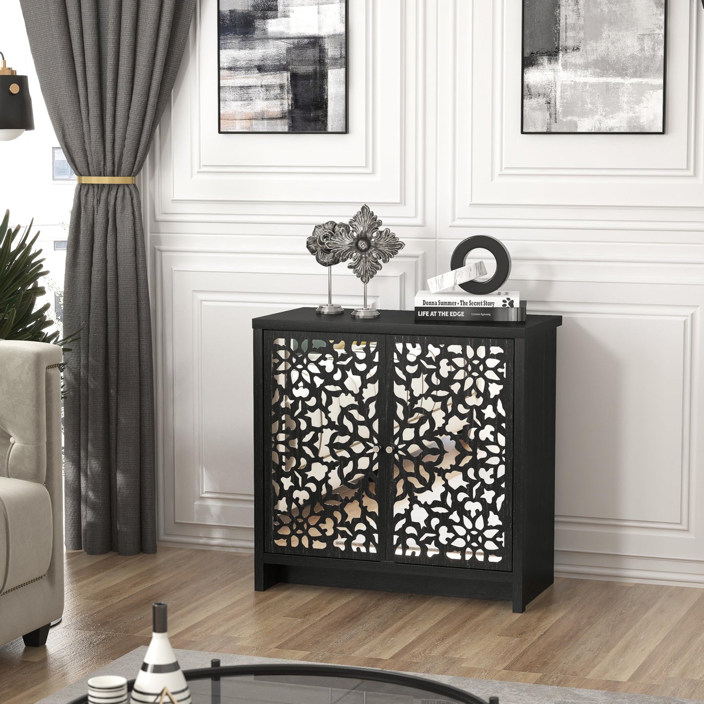 Galano Norwich 2 Door Sideboard - Moden Laser Cut Pattern with Acrylic Mirror Storage Cabinet for Living Room, Bedroom, or Kitchen (Rustic Black Oak)