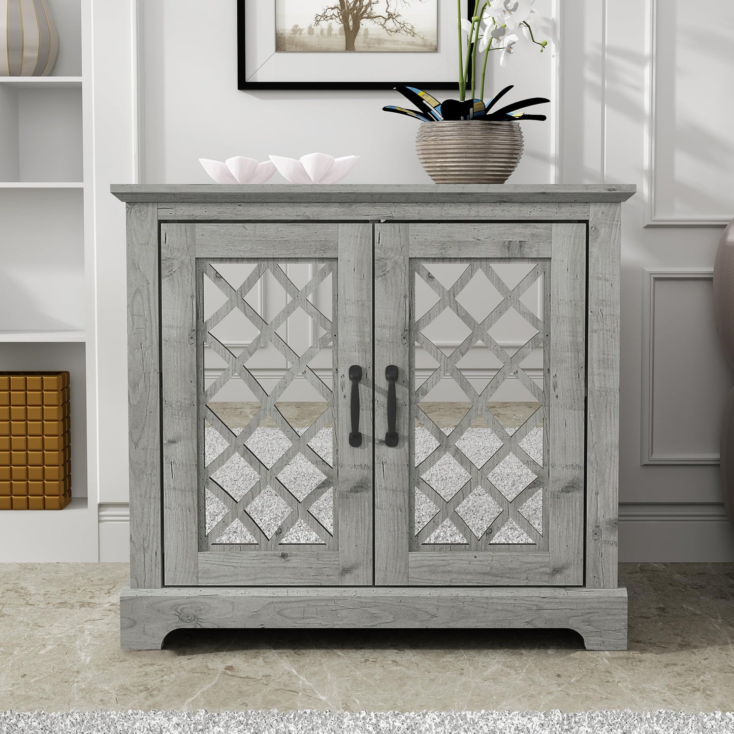 Galano Millicent 2 Door Sideboard, Buffet Cabinet with Acrylic Mirror Doors, 15.7" D x 32.4" W x 29.3" H, Dusty Grey Oak