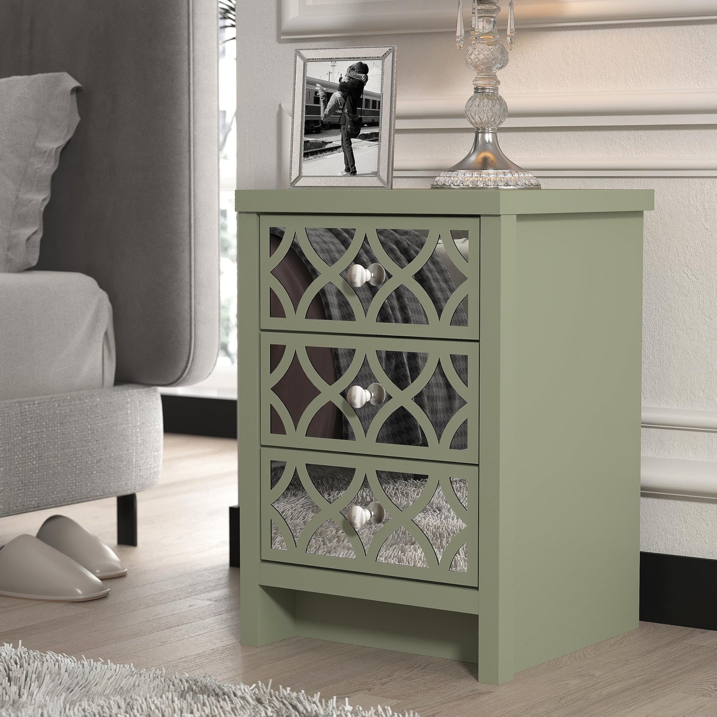 Galano Iris 3 Drawer Bedside - Modern Stylish Cabinet with Mirrored Drawers - Organizers and Storage for Bedroom – Console for Entryway - Hallway or Living Room (White)