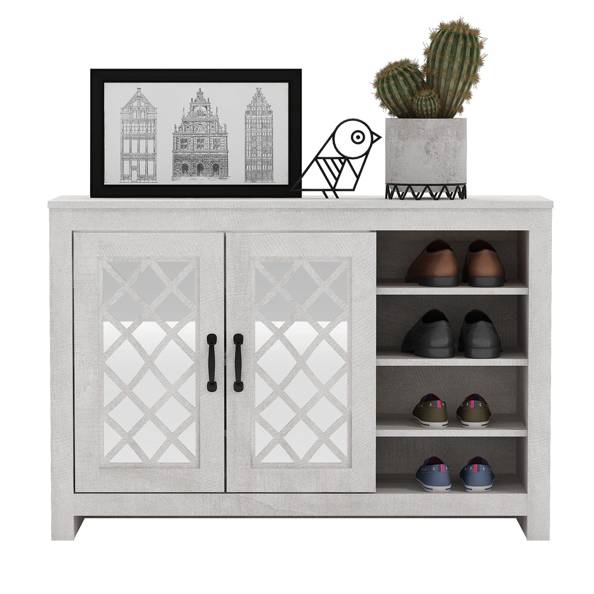 Galano Millicent 16 Pair Shoe Storage Cabinet, Freestanding Organizer with Acrylic Mirror Doors for Entryway, Narrow Shoe Rack Cabinet, 13.39" D x 44.29" W x 30" H, Dusty Grey Oak