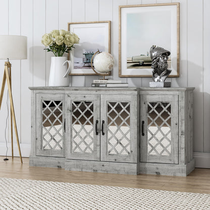 Galano Millicent Wide Sideboard Buffet Cabinet, Kitchen Storage Cabinet with Acrylic Mirror Doors, Cupboard Console Table, Rustic Farmhouse Buffet Display for Coffee Bar, Dusty Grey Oak