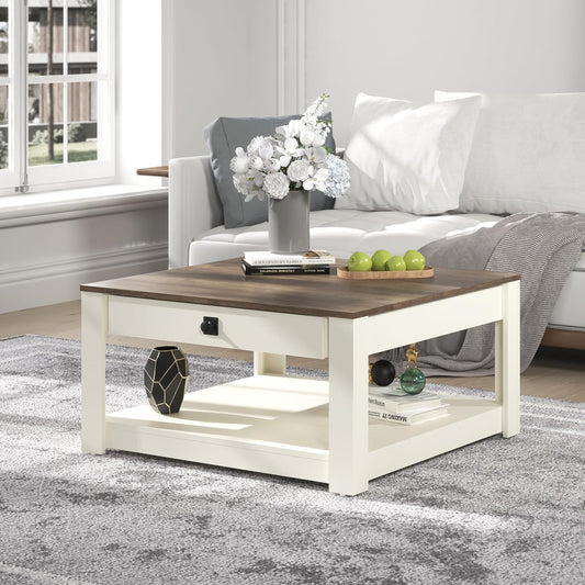 Galano Philia Square Modern Top Coffee Table with Storage Drawer, 2 Tier Center Table for Living Room, Office, Balcony, 31.5" D x 31.5" W x 16.3" H, Ivory Knotty Oak