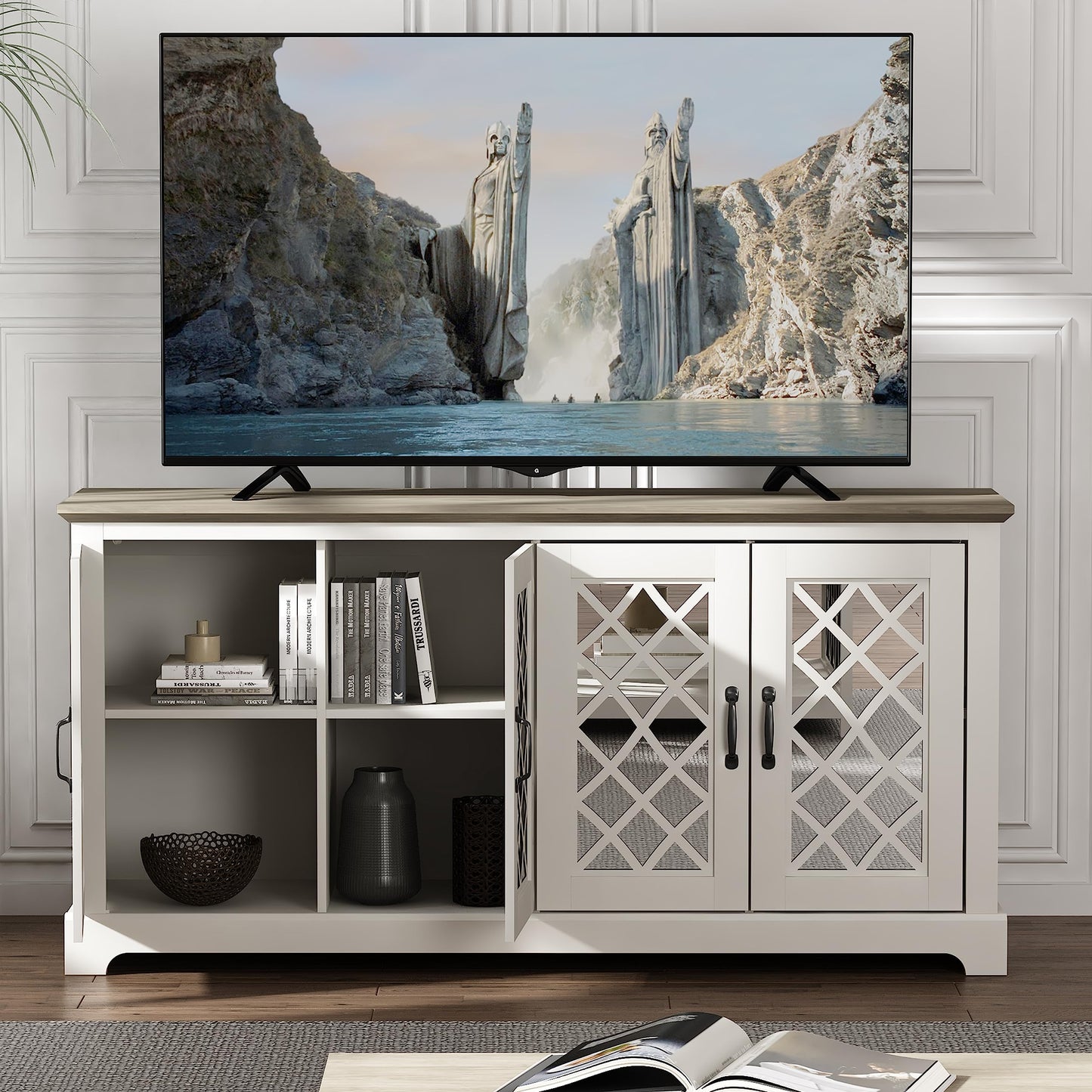 Galano Millicent 75 Inch TV Stands for Living Room with Storage, 17.1" D x 68.2" W x 29.3" H, Black Knotty Grey Oak