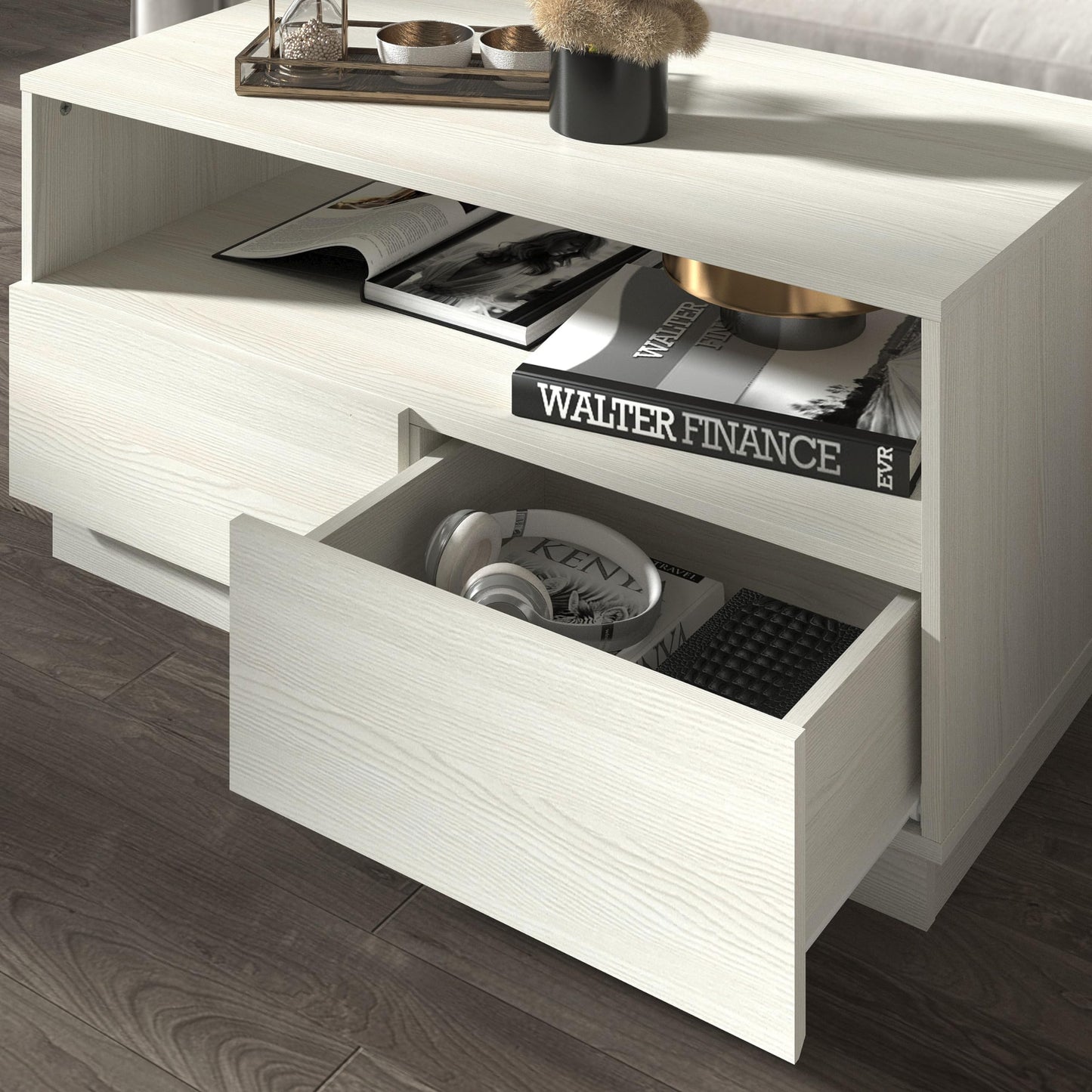 Galano Anderson Coffee Table - 2 Drawer Storage Unit - Engineered Wood Storage Cabinet, Rectangular Living Room Table with Storage (New White)