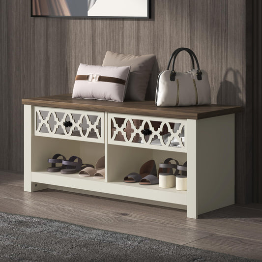 Galano Heron Lambery Shoe Storage Bench with 2 Mirror Drawers, Freestanding Organizer with Open Shelves for Entryway, 15.7" D x 43.3" W x 18.9" H, Ivory Knotty Oak