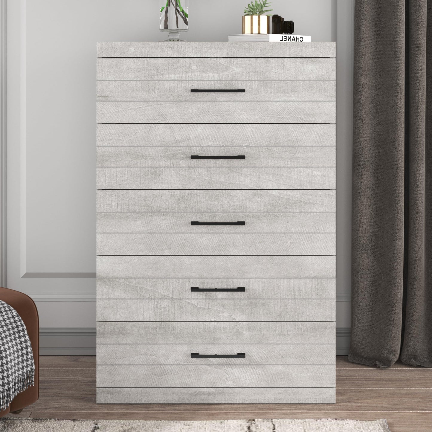 Galano Elis Wooden 5 Drawer Dresser for Bedroom with Interlock, Modern Storage Chest for Nursery and Children Room, 15.8" D x 31.5" W x 47.2" H, Dusty Grey Oak