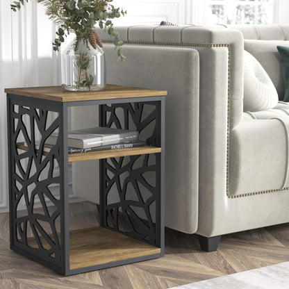 Galano Candence Side Table with Shelf - Modern Distressed Oak Finish - Metal Side Table Cabinet for Hallway - Entryway - Foyer - Living Room - Bedroom - Space Saving