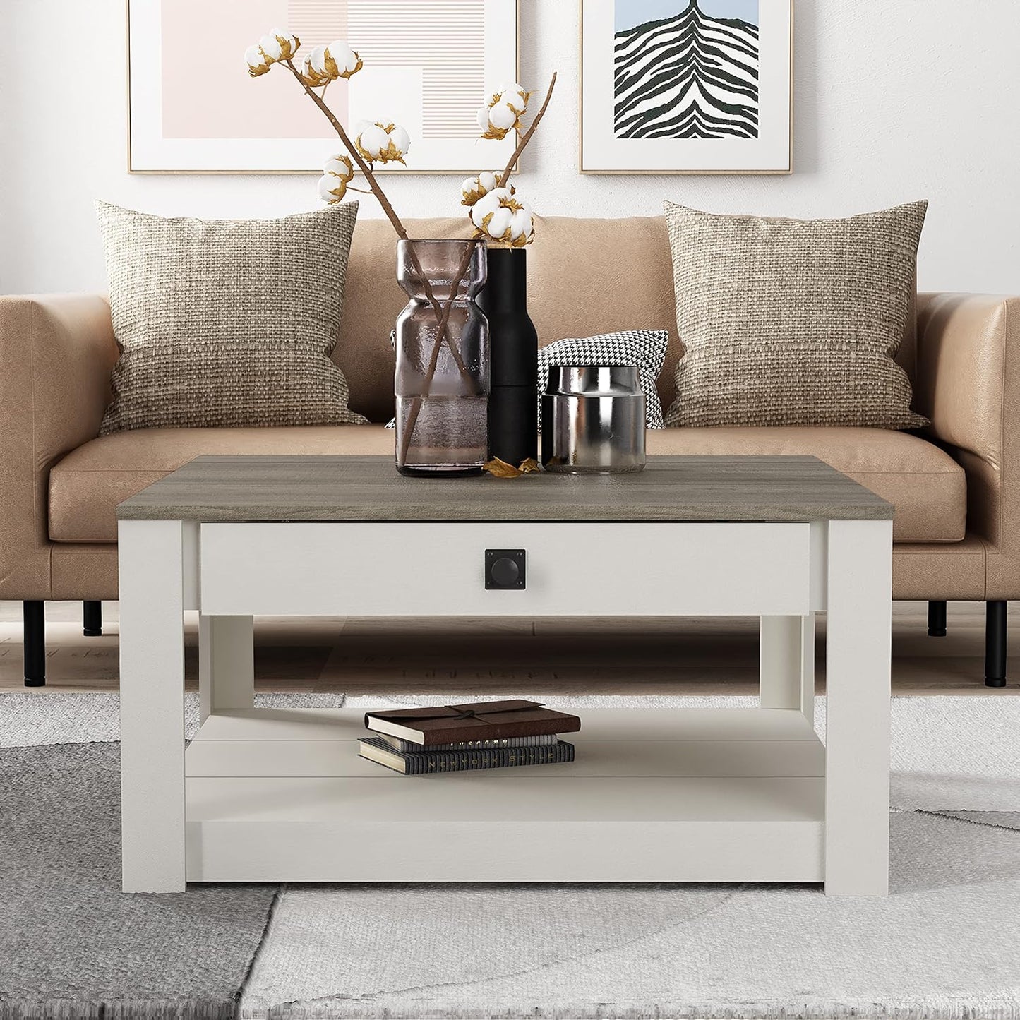 Galano Philia Square Modern Top Coffee Table with Storage Drawer, 2 Tier Center Table for Living Room, Office, Balcony, 31.5" D x 31.5" W x 16.3" H, Ivory Knotty Oak