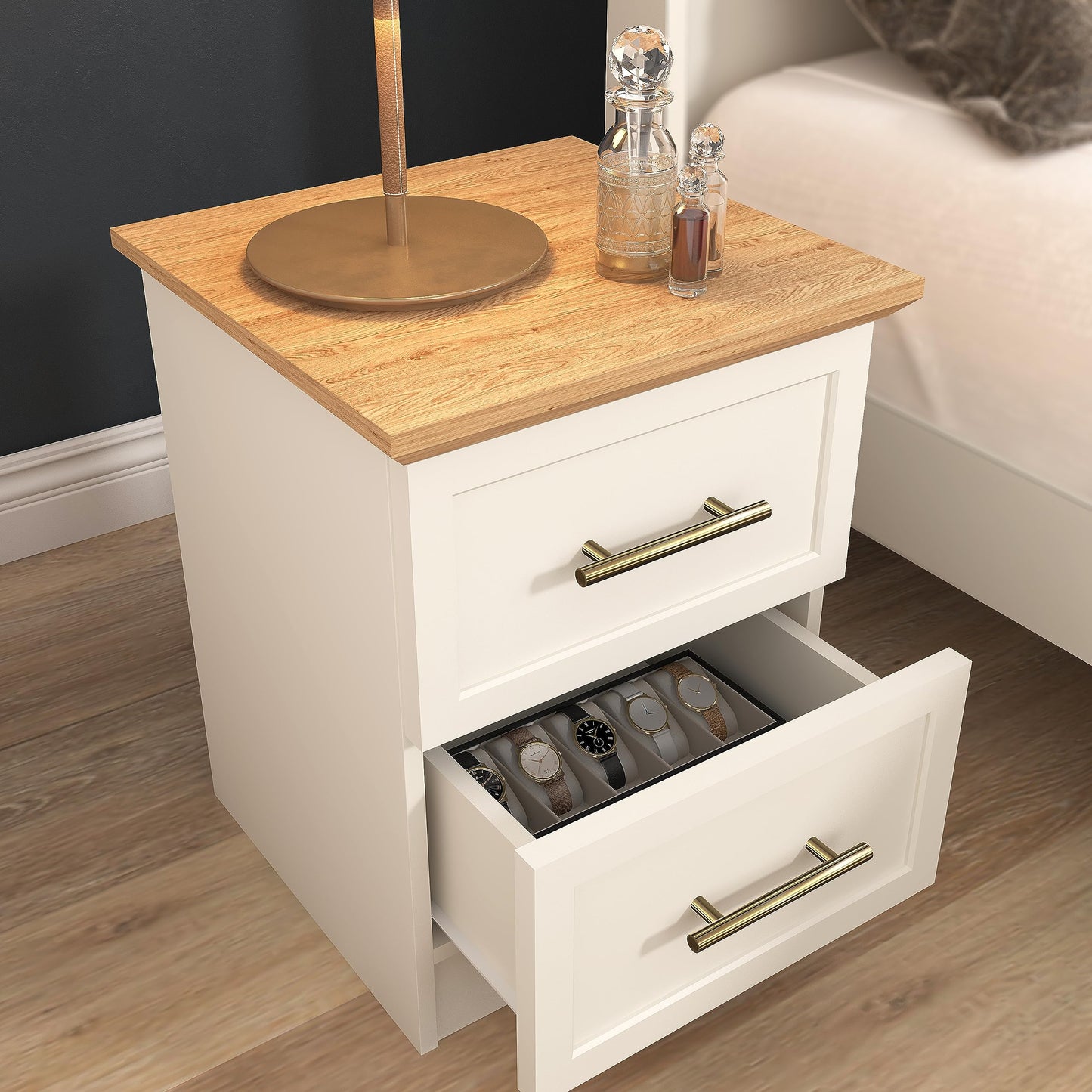 Galano Cleverton 2 Drawer Bedside Table - Stylish Side Table with Storage - Nightstands Bedroom Furniture - Organizers & Storage Cabinet for Hallway, Entryway or Livingrom (Light Grey/Oak)