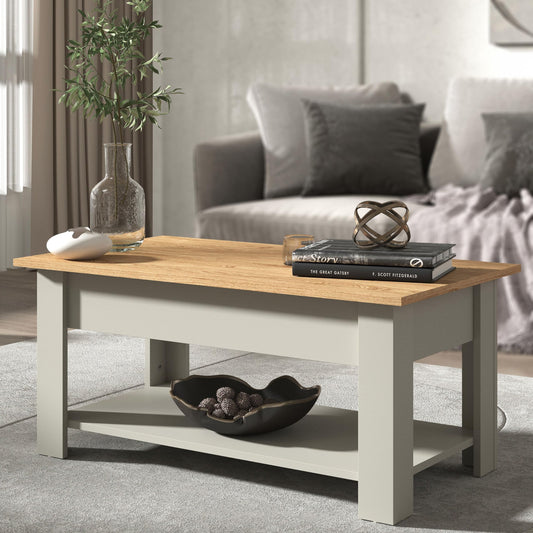 Galano Brixburn Lift Up Coffee Table - Modern Distressed Oak Finish - Storage Cabinet for Entryway - Foyer - Living Room - Space Saving (Light Grey/Oak)