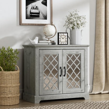 Galano Millicent 2 Door Sideboard, Buffet Cabinet with Acrylic Mirror Doors, 15.7" D x 32.4" W x 29.3" H, Dusty Grey Oak