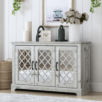 Galano Millicent 3 Door Sideboard with Acrylic Mirrors, Kitchen Buffet Cabinet, Farmhouse Coffee Bar Display Cabinet for Home Kitchen, Living Room, Dining Room and Hallway, Ivory Knotty Grey Oak