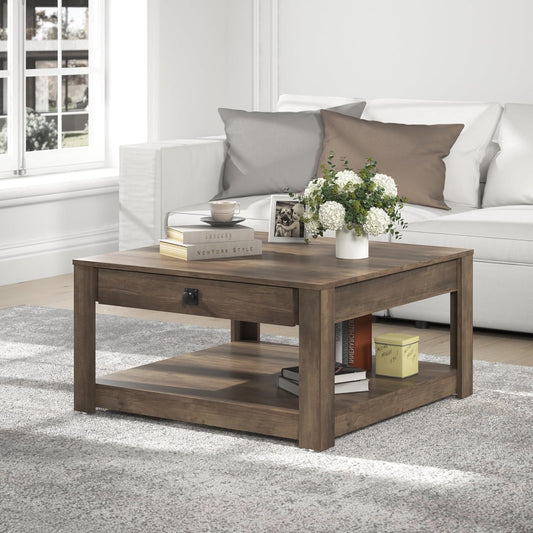 Galano Philia Square Modern Coffee Table with Storage Drawer, 2 Tier Center Table for Living Room, Office, Balcony, 31.5" D x 31.5" W x 16.3" H, Knotty Oak