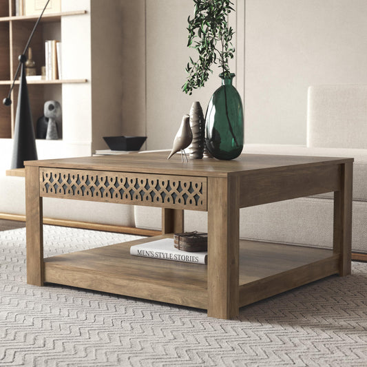 Galano Japtur Coffee Table, Modern Top Squarer Coffee Table with Storage Drawer, 2 Tier Center Table for Living Room, Office, Balcony, 31.5" D x 31.5" W x 16.3" H, Knotty Oak