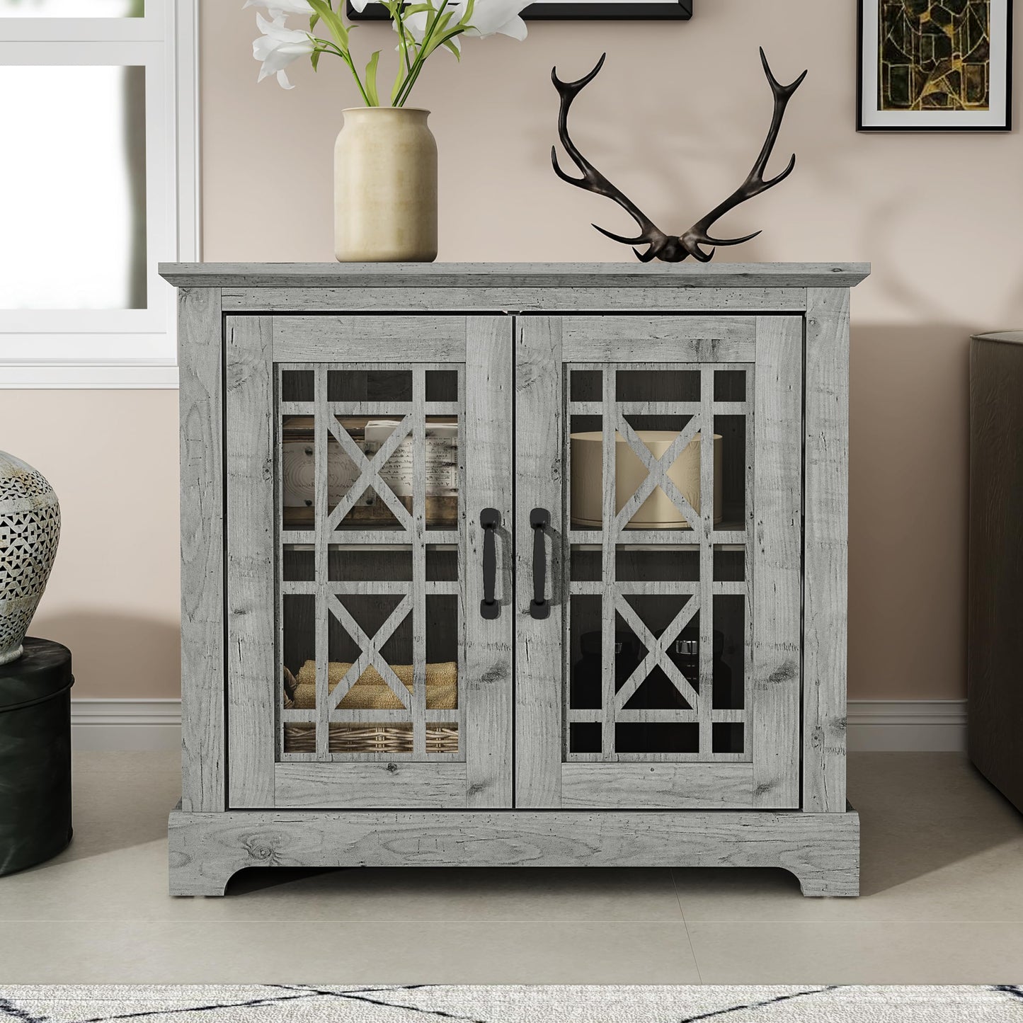 Galano Isadora Accent Cabinet, Accent Furniture, Storage Cabinet for Living Room, Hallway, Kitchen, Buffet Table, 15.67" D x 32.36" W x 29.29" H, Mexican Grey