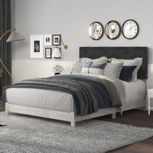 Galano Owen Wood Platform Queen Bed Frame with Velvet Headboard, Mattress Foundation with Wood Slat Support, No Box Spring Needed, 63.78" D x 83.23" W x 47.64" H, Dusty Grey Oak