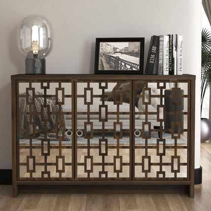 Galano Mollison 3 Door Sideboard - Moden Laser Cut Pattern with Acrylic Mirror Storage Cabinet for Living Room, Bedroom, or Kitchen (Dusty Grey Oak)