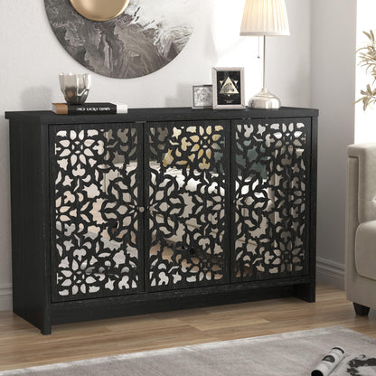 Galano Norwich 2 Door Sideboard - Moden Laser Cut Pattern with Acrylic Mirror Storage Cabinet for Living Room, Bedroom, or Kitchen (Rustic Black Oak)