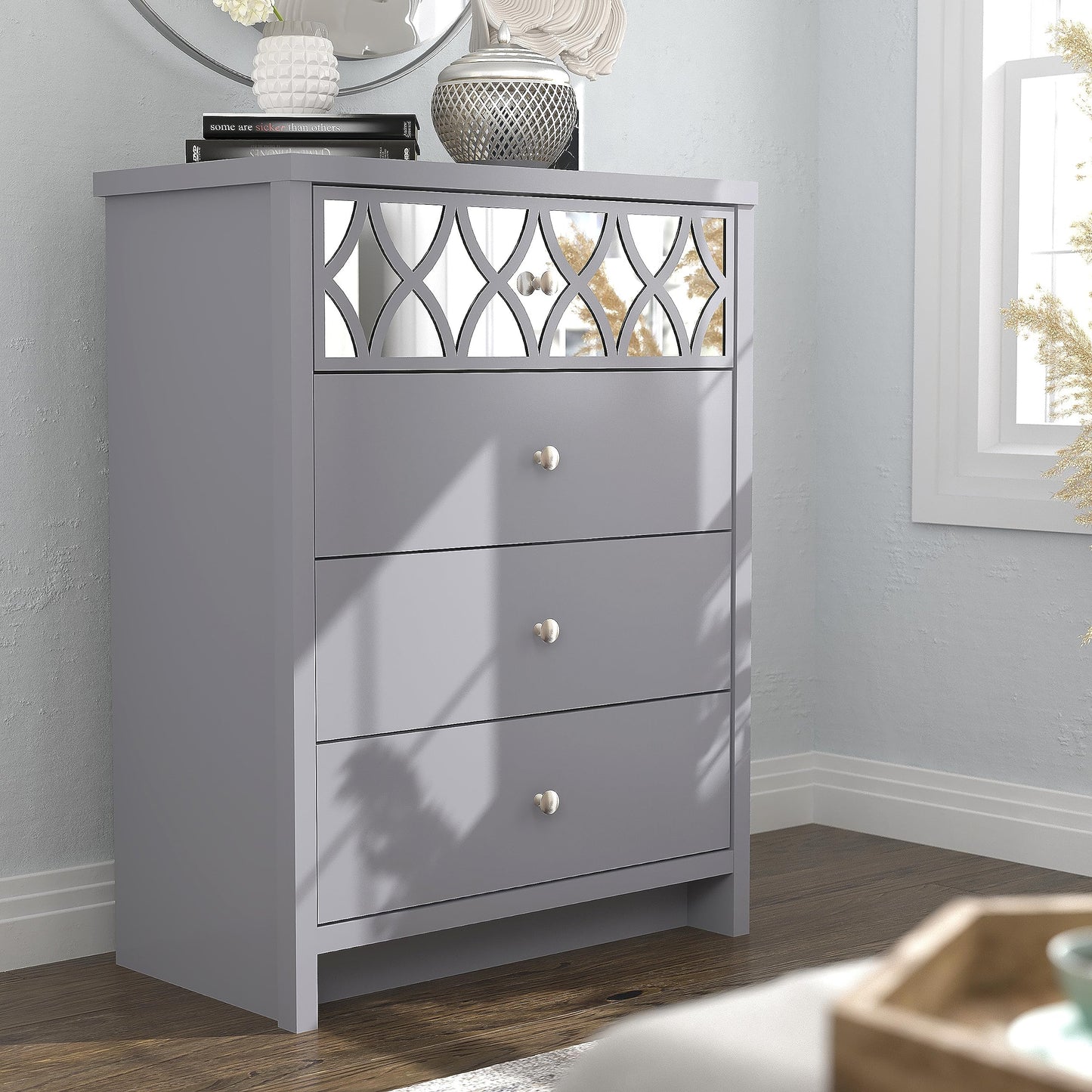 Galano Iris 4 Drawer Chest - Modern Cabinet with 1 Mirrored Drawers - Organizers and Storage for Bedroom – Console for Entryway - Hallway or Living Room - Grey,