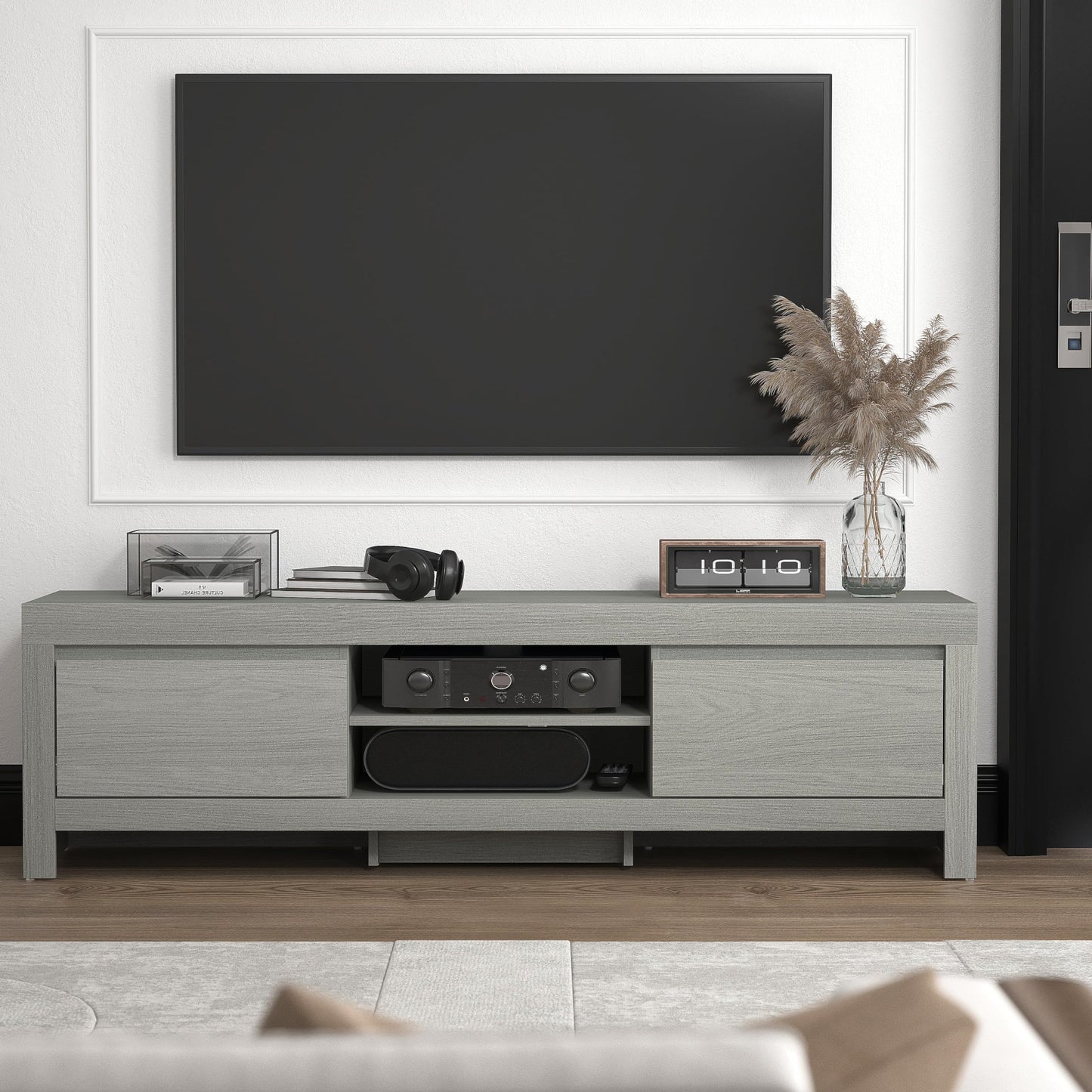 Galano Cubbot Wide TV-Möbel – Entertainment-Center für bis zu 55 Zoll große Fernseher – TV-Möbel mit 2 Schubladen und Mittelregal – TV-Ständerschrank für das Wohnzimmer – Dunkelgrau