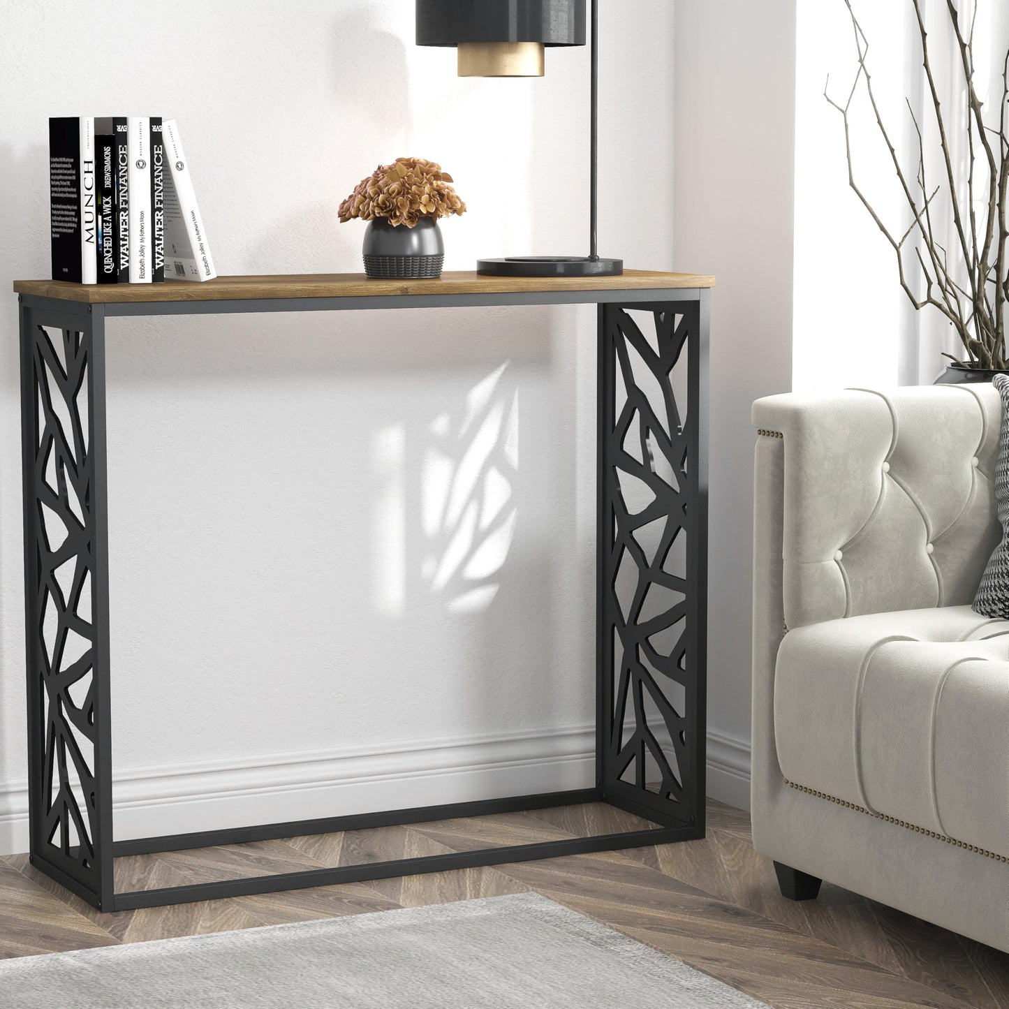 Galano Candence Console Table - Modern Metal Distressed Oak Finish - Storage Cabinet for Entryway - Foyer - Living Room - Bedroom - Space Saving