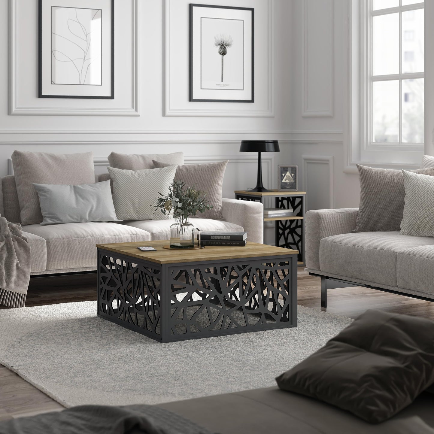 Galano Candence Coffee Table - Modern Metal Distressed Oak Finish - Storage Cabinet for Entryway - Foyer - Living Room - Bedroom - Space Saving