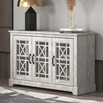 Galano Isadora 3 Door Sideboard with Acrylic Mirrors, Kitchen Buffet Cabinet, Farmhouse Coffee Bar Display Cabinet for Home Kitchen, Living Room, Dining Room and Hallway, Dusty Grey Oak