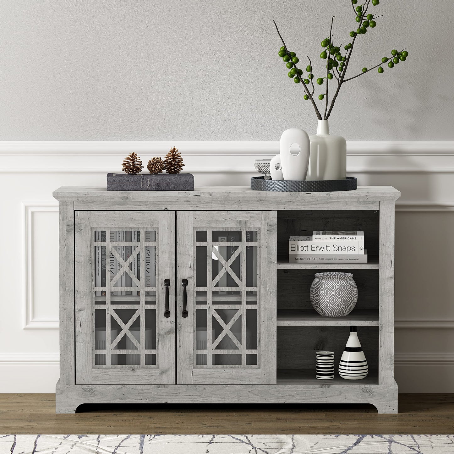 Galano Isadora 3 Door Sideboard with Acrylic Mirrors, Kitchen Buffet Cabinet, Farmhouse Coffee Bar Display Cabinet for Home Kitchen, Living Room, Dining Room and Hallway, Dusty Grey Oak