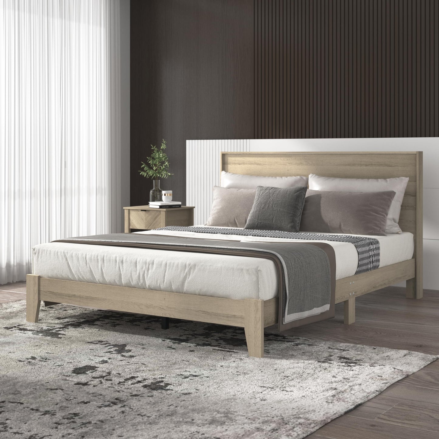 Galano Payne Queen Bed Frame with Headboard - Bed Frame Queen Size - Queen Size Bed Frame - Wood Bed Frame - No Box Spring Needed - Strong Weight Capacity - Oslo Oak