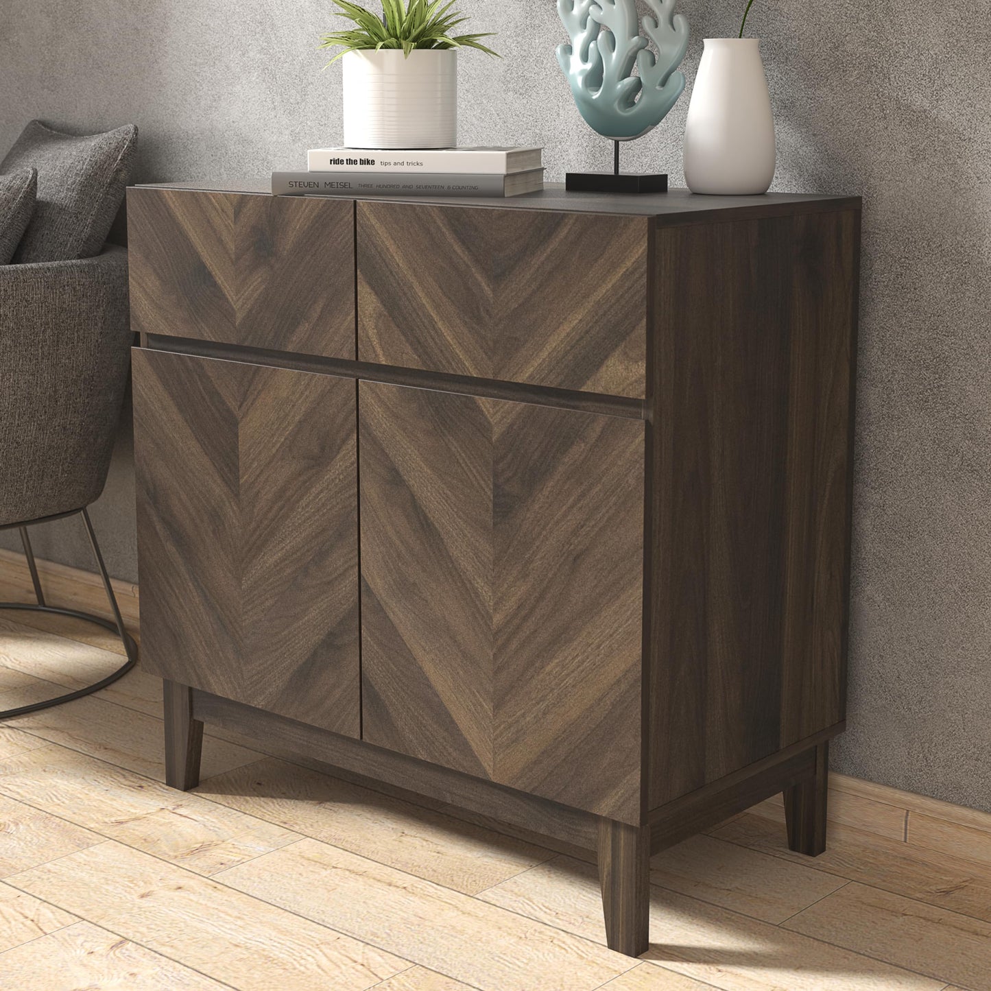 Galano Hanwell Sideboard mit 2 Türen und 2 Schubladen – Schrank-Aufbewahrungs-Organizer für Ihr Zuhause – Aufbewahrungs-Sideboard – verstellbare Regale (Walnuss)