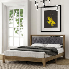 Galano Diwata Queen Size Bed Frame with Cushioned Headboard & Wooden Slats Support, Mattress Foundation, No Box Spring Needed, 64.64" L x 85.94" W x 39.57" H, Knotty Oak