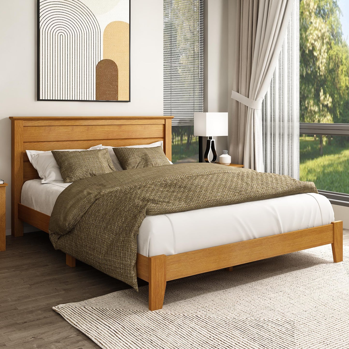 Galano Tiena Wood Platform Queen Bed Frame with Headboard, Fit 60'' x 80'' Mattress Foundation with Wood Slat Support, No Box Spring Needed, 65.8" L x 85.4" W x 40.1" H, Amber Walnut