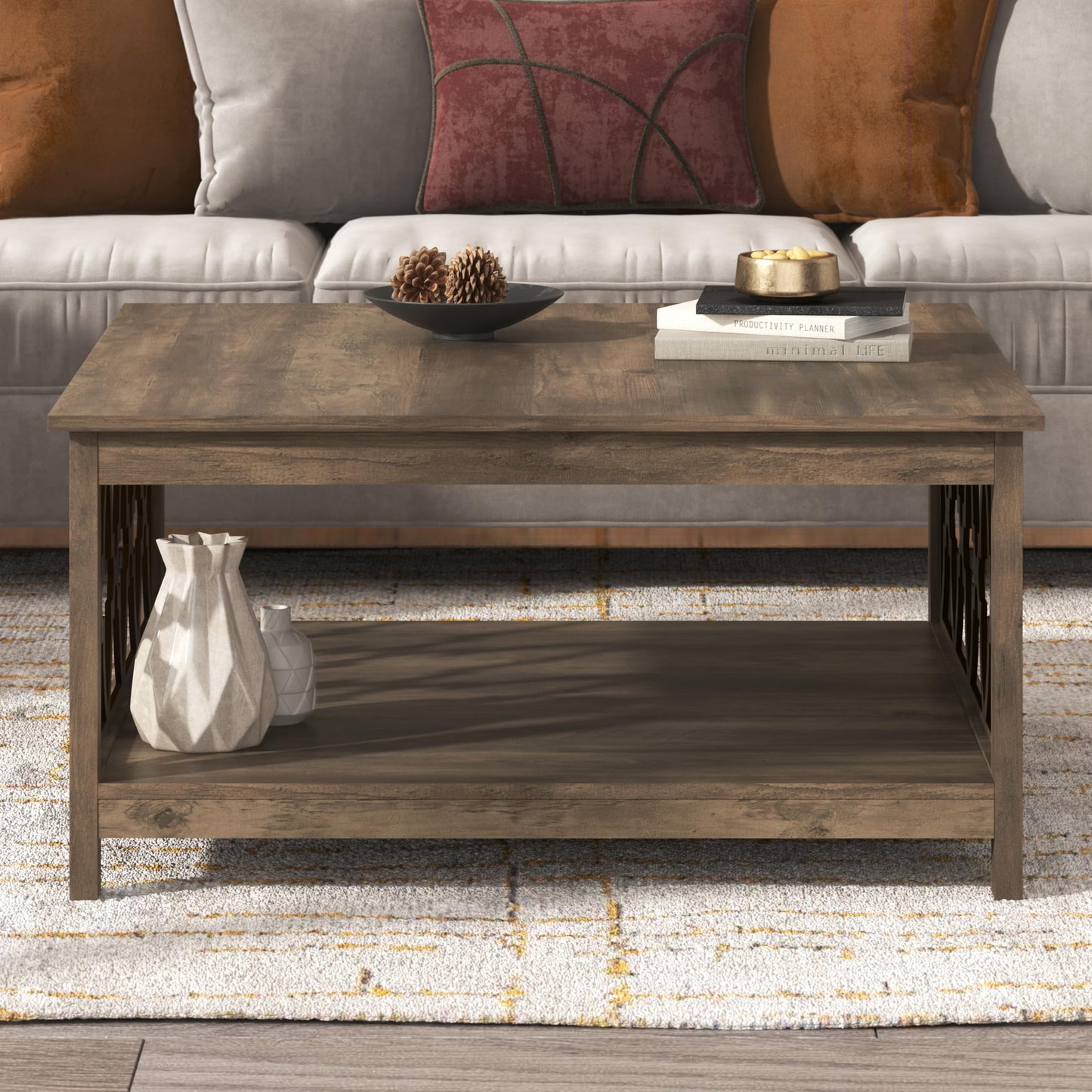 Galano Heron Modern Coffee Table for Living Room, Wood Square Center Table with Storage Shelf, Wooden Accent Cocktail Table for Home Office Small Apartment, 34.8" D x 34.9" W x 17.1" H, Knotty Oak