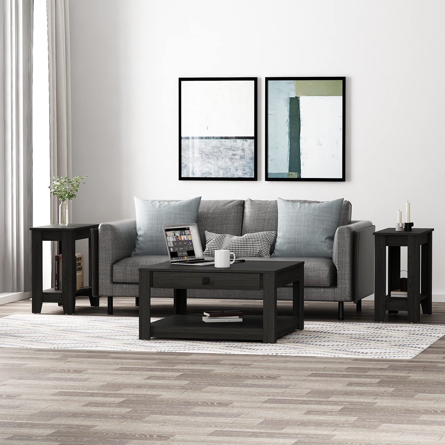 Galano Philia Square Modern Top Coffee Table with Storage Drawer, 2 Tier Center Table for Living Room, Office, Balcony, 31.5" D x 31.5" W x 16.3" H, Rustic Black Oak