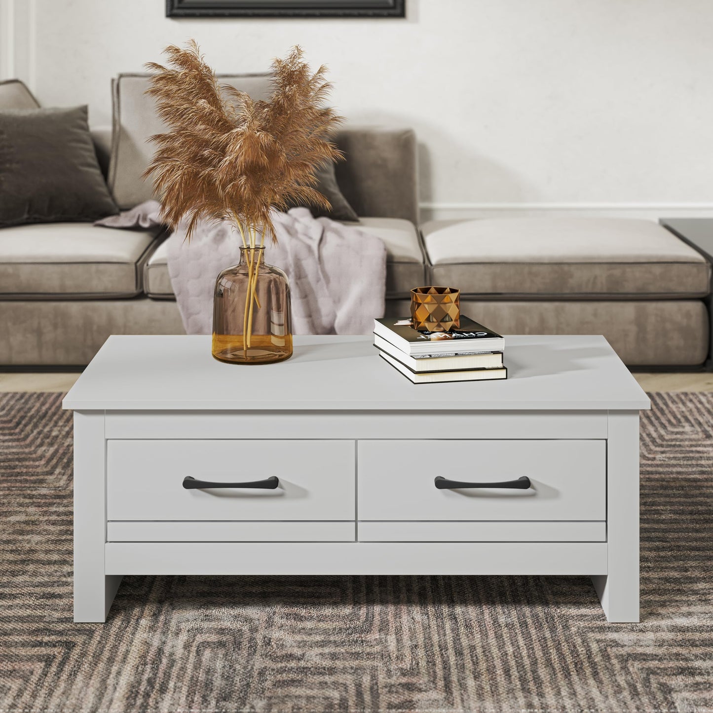 Galano Limestone Coffee Table - 2 Drawer Storage Unit - Engineered Wood Storage Cabinet, Rectangular Living Room Table with Storage (Dark Grey)