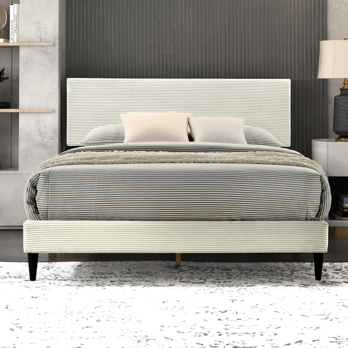 Galano Bayson Brooklyn Queen Size Bed Frame with Fabric Headboard, Heavy Duty Mattress Foundation, No Box Spring Needed, 64.17" D x 83.46" W x 43.11" H, Grey