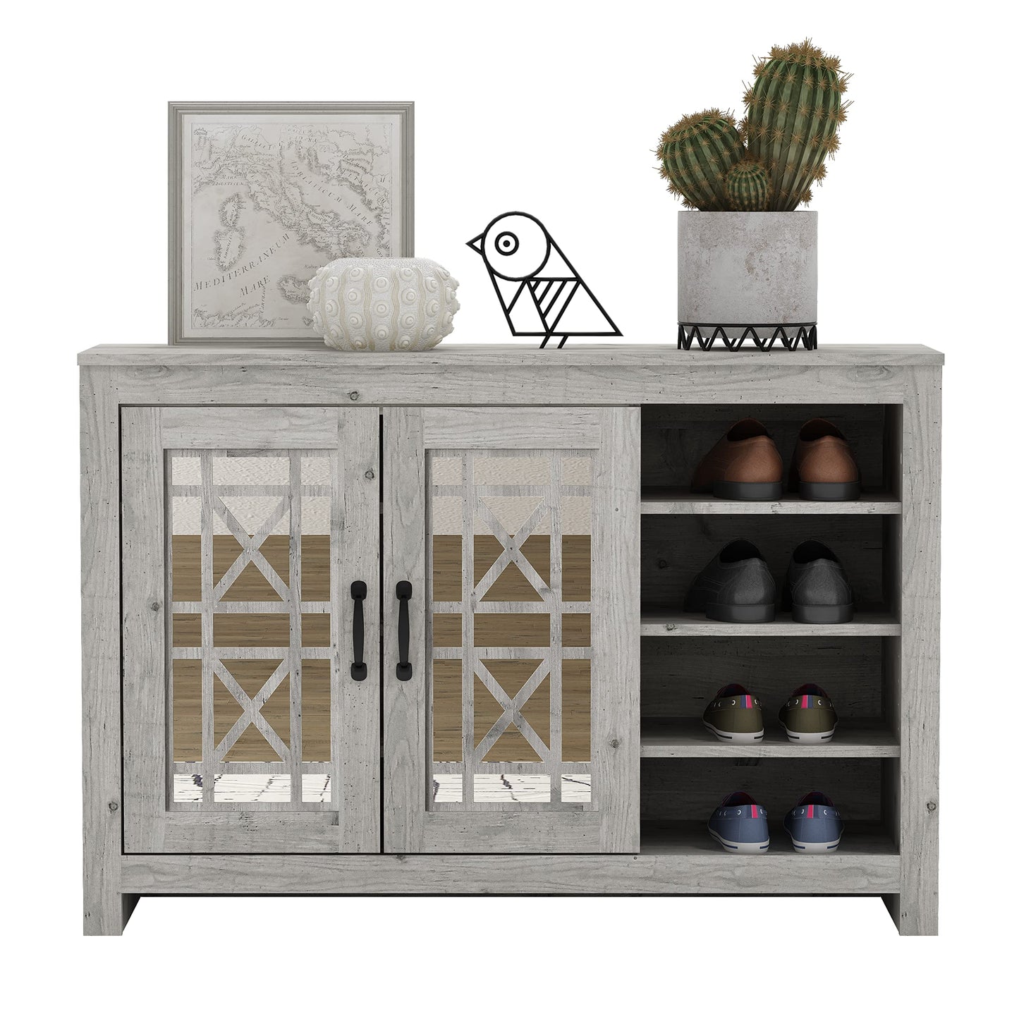 Galano Isadora 16 Pair Shoe Storage Cabinet, Freestanding Organizer with Acrylic Mirror Doors for Entryway, Narrow Shoe Rack Cabinet, 13.39" D x 44.29" W x 30" H, Mexican Grey