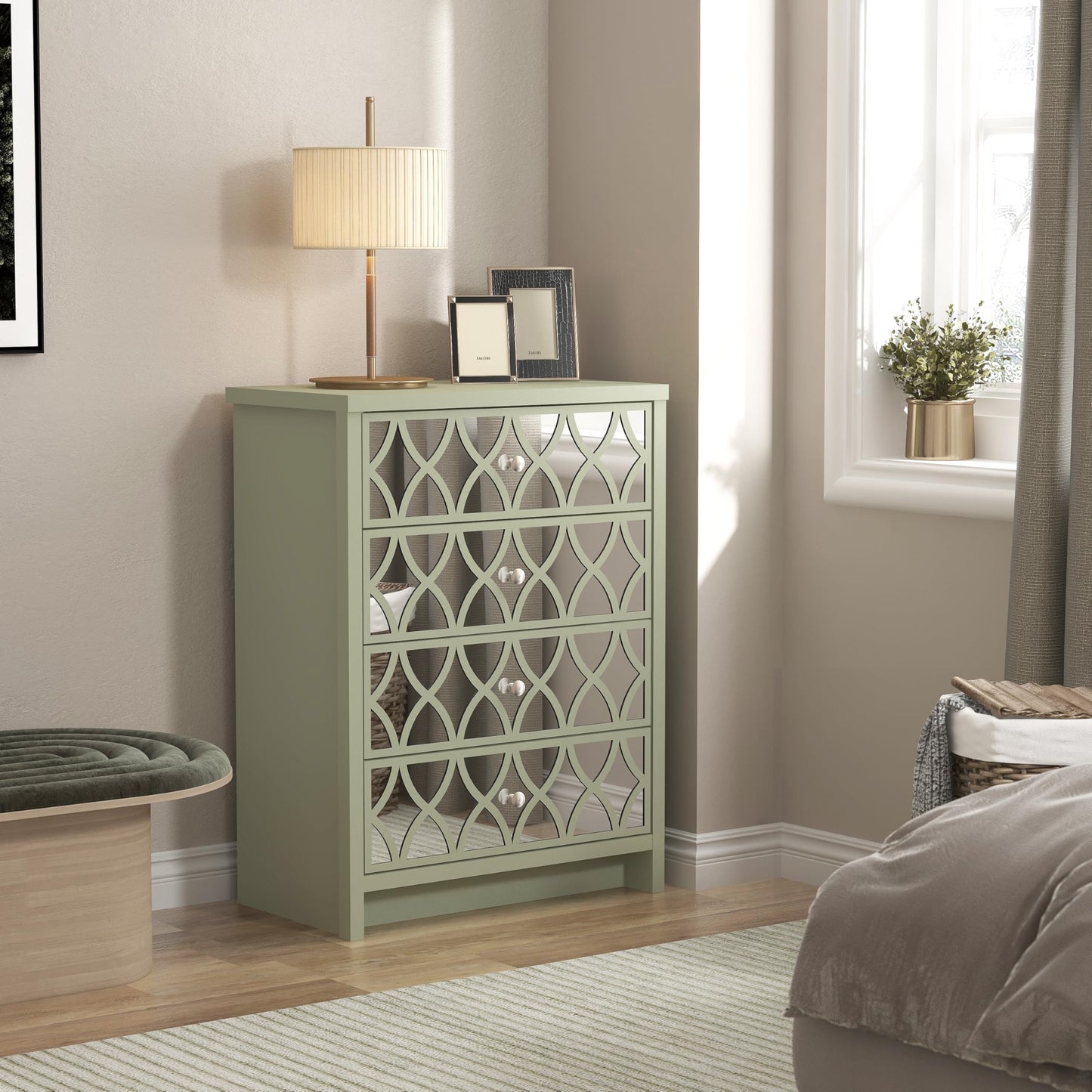 Galano Iris 4 Drawer Chest - Modern Cabinet with 4 Mirrored Drawers - Organizers and Storage for Bedroom – Console for Entryway - Hallway or Living Room - Sage Green