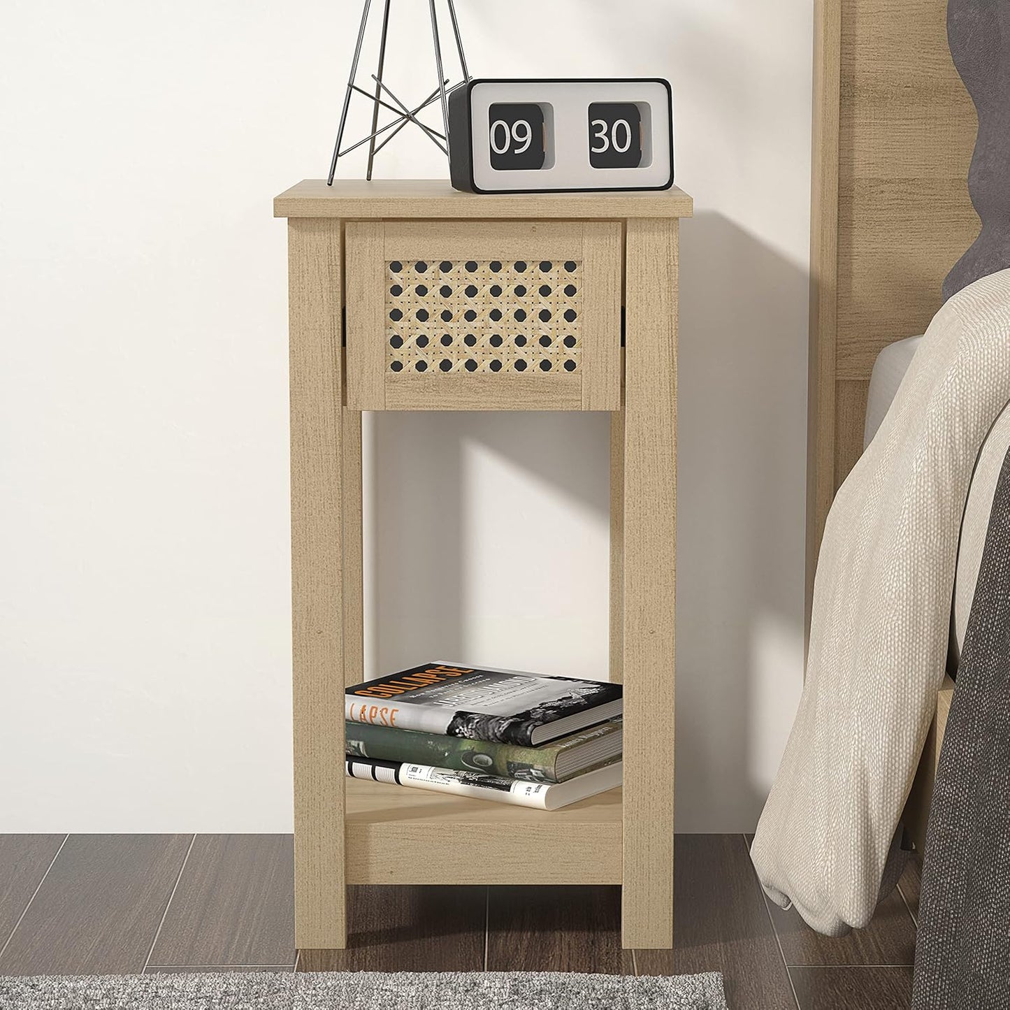 Galano Gio Bedside Table - Stylish Bedside with Rattan Effect - Slim Bedside Table Drawer - Side Table with Storage - Storage Cabinet for Hallway - Entryway or Bedroom - Oslo Oak