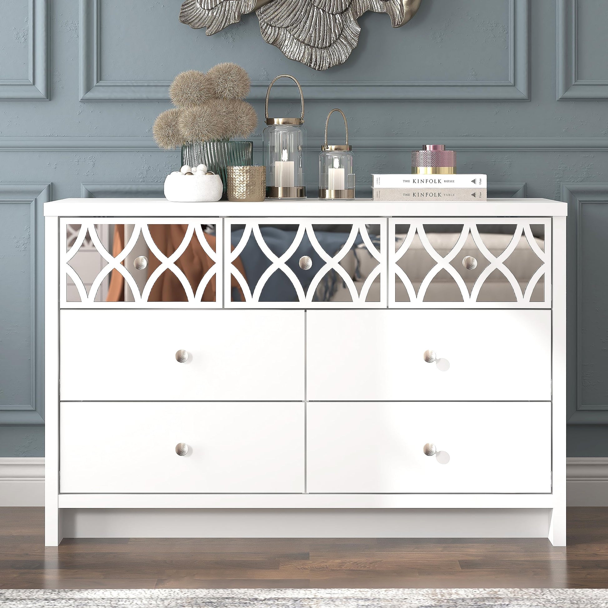 Galano Iris 3 Plus 4 Drawer Chest - Modern Multi Chest with Mirrored Drawers - Organizers and Storage Cabinet for Bedroom – Console for Entryway - Hallway or Living Room - White